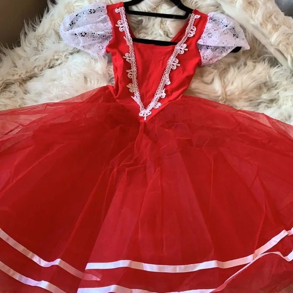 Girls Swiss Heidi Folk Ballet Dance Costume Red White Lace Intermediate Child